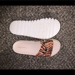 studded animal print sandals / slides